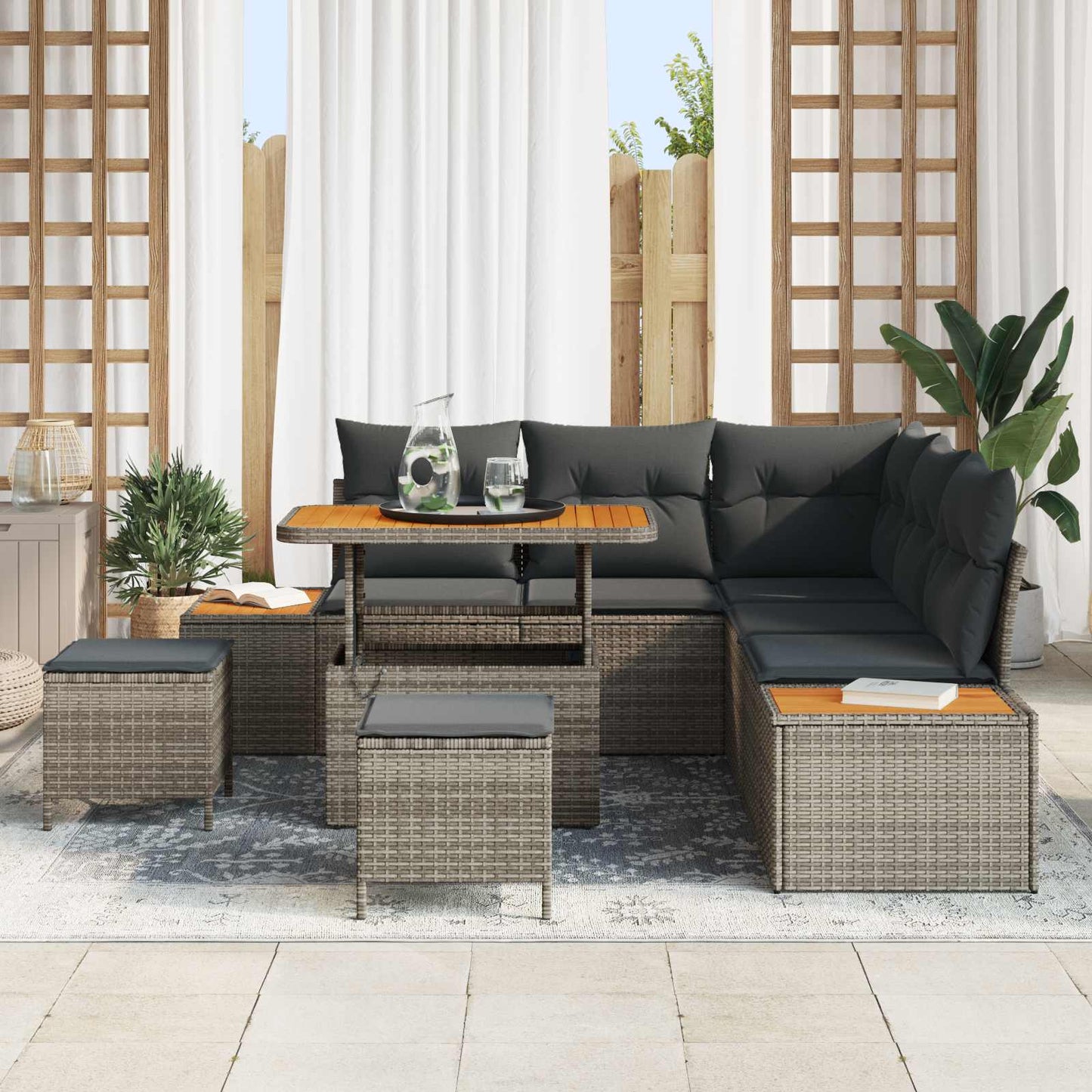 Havesofa Sæt 8 pcs Grå Poly Rattan og Pulverlakeret Stål