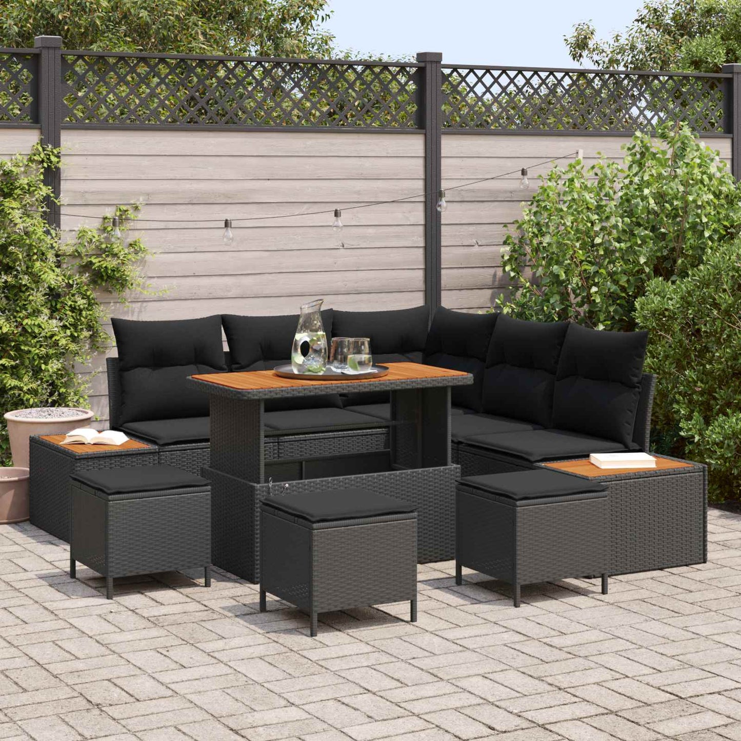 Havesofa Sæt 9 pcs Sort Poly Rattan og Pulverlakeret Stål