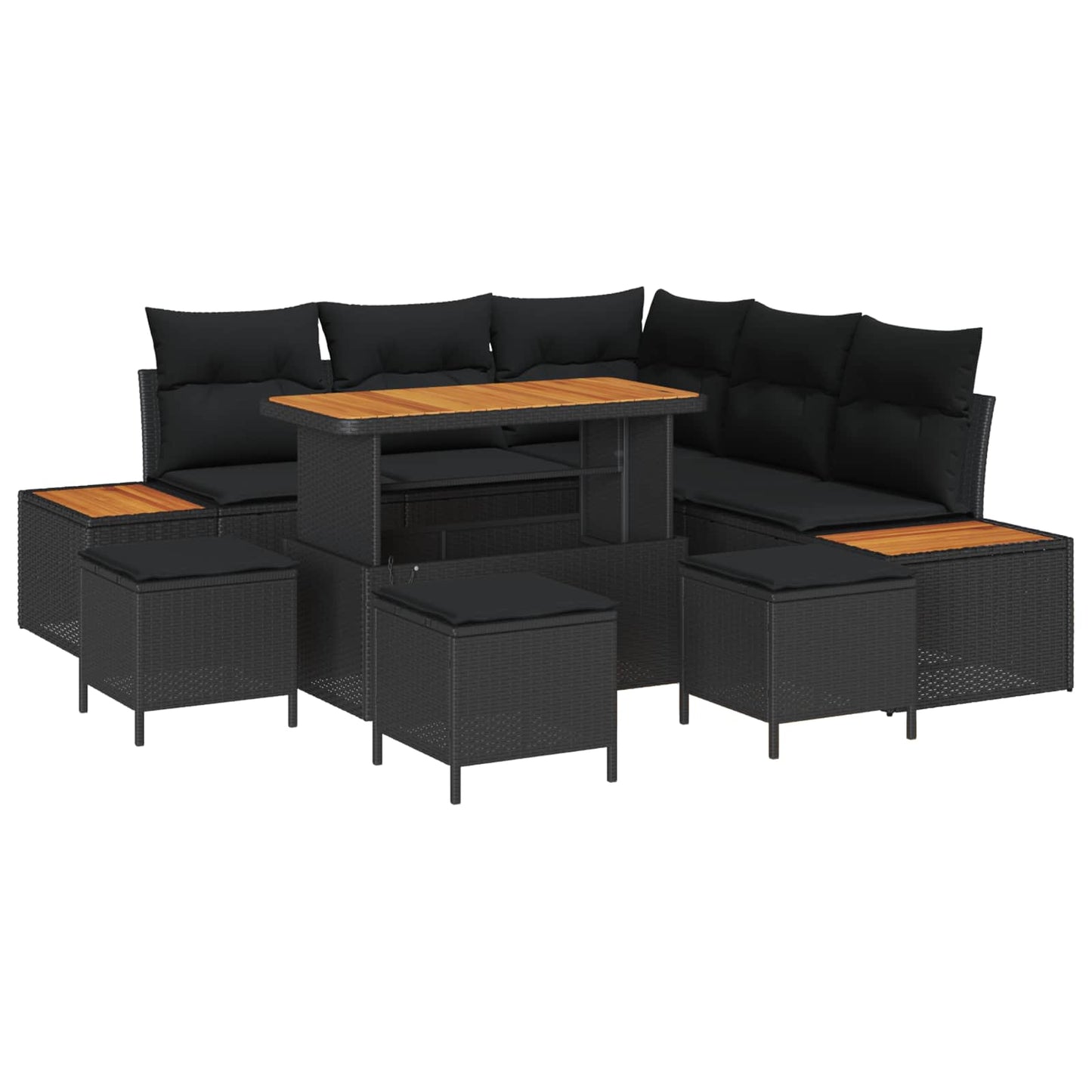 Havesofa Sæt 9 pcs Sort Poly Rattan og Pulverlakeret Stål