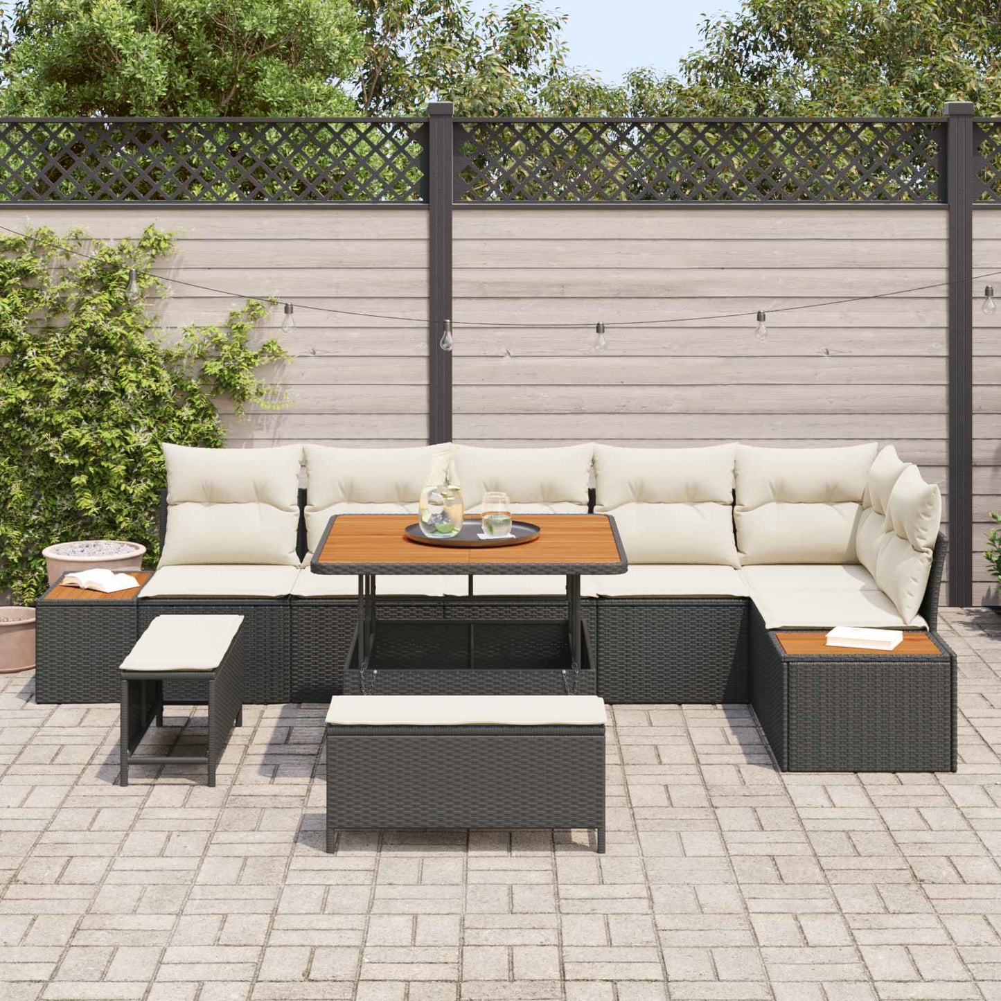 Havesofa Sæt med pude 9 pcs Sort og Cream
