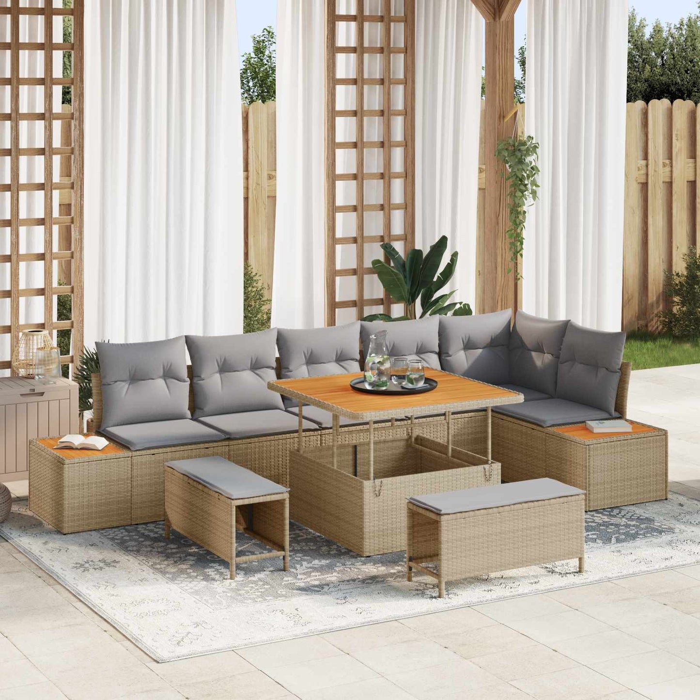 Havesofa Sæt med pude 9 pcs Beige og lys grå