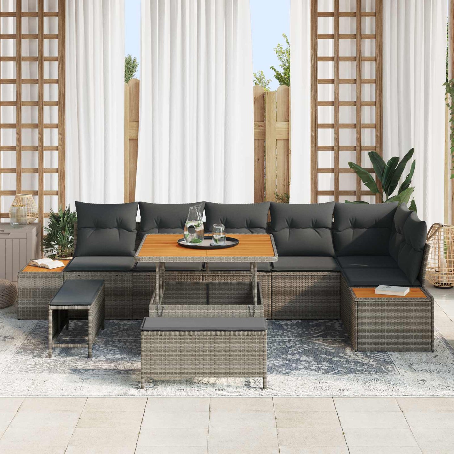 Havesofa Sæt 9 pcs Grå Poly Rattan og Pulverlakeret Stål