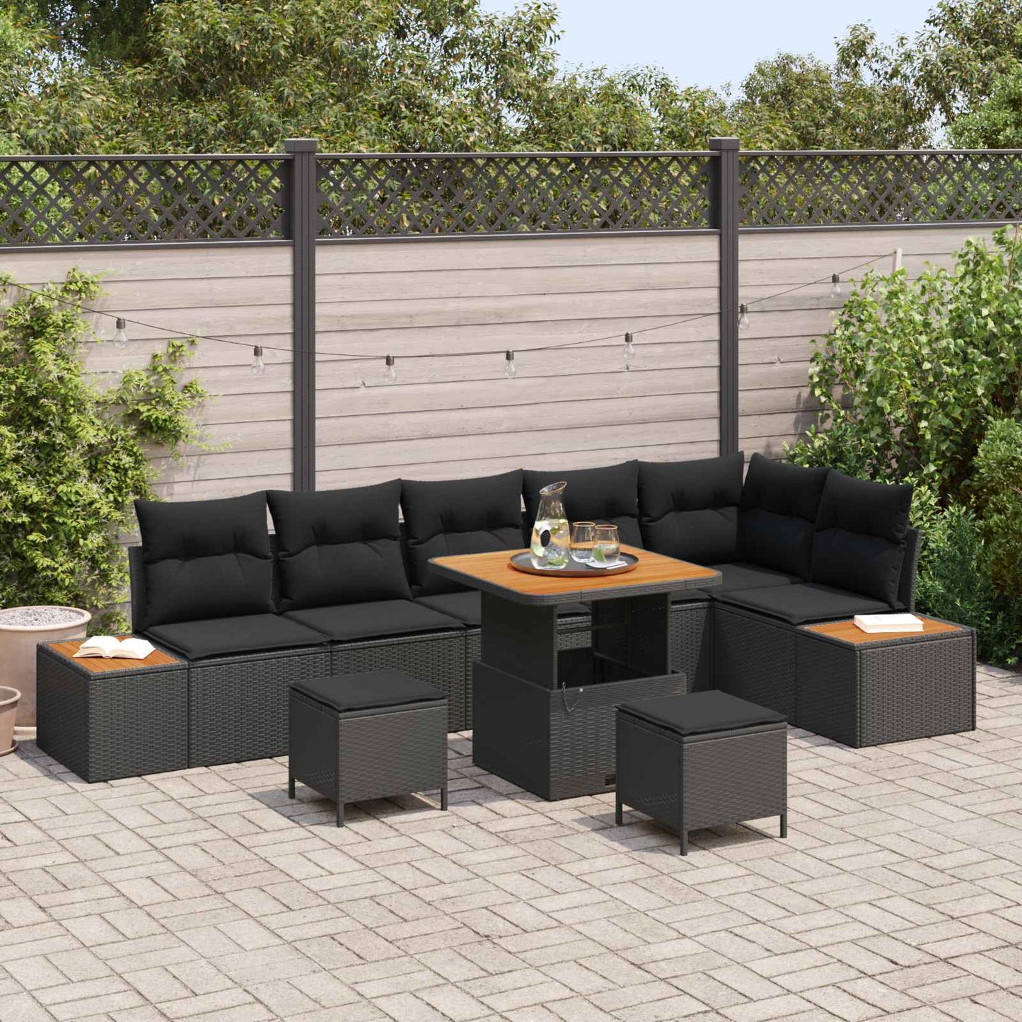 Havesofa Sæt 9 pcs Sort Poly Rattan og Pulverlakeret Stål