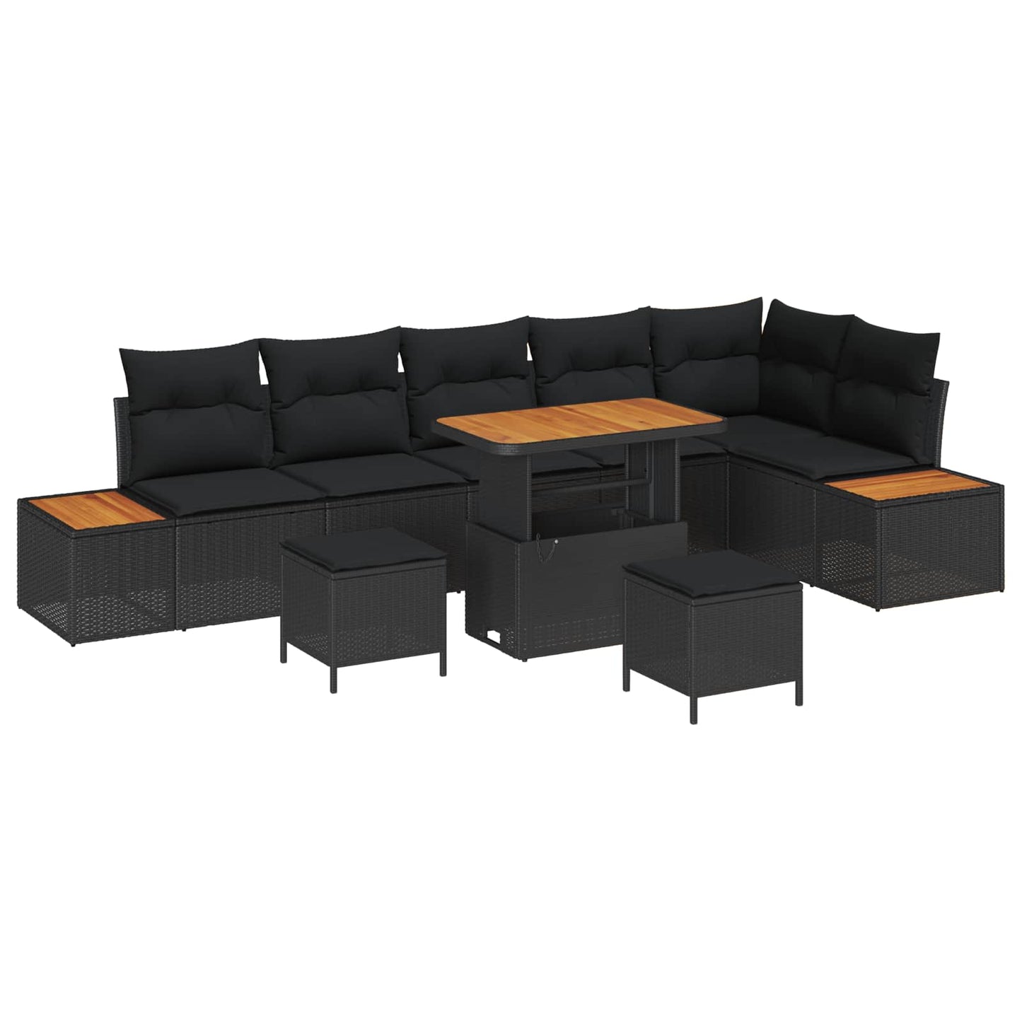 Havesofa Sæt 9 pcs Sort Poly Rattan og Pulverlakeret Stål
