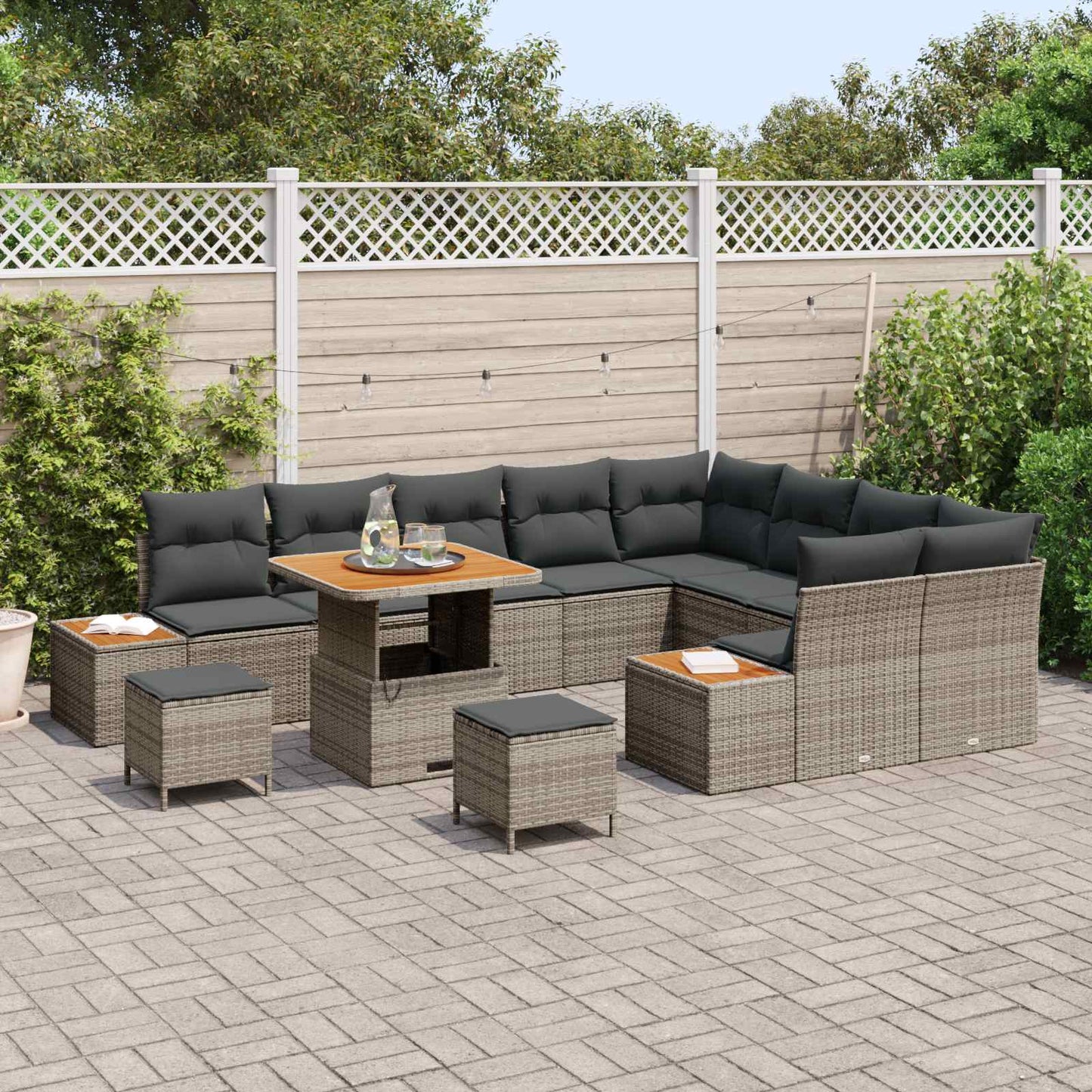 Havesofa Sæt 12 pcs Grå Poly Rattan og Pulverlakeret Stål