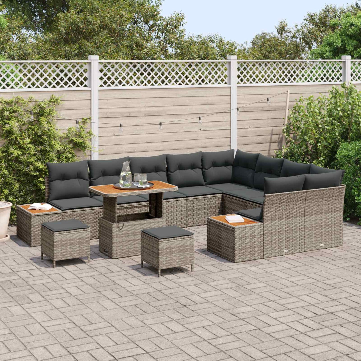 Havesofa Sæt 12 pcs Grå Poly Rattan og Pulverlakeret Stål