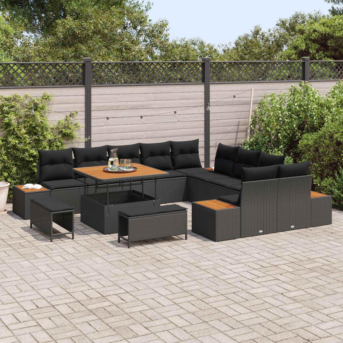 Havesofa Sæt 13 pcs Sort Poly Rattan og Pulverlakeret Stål