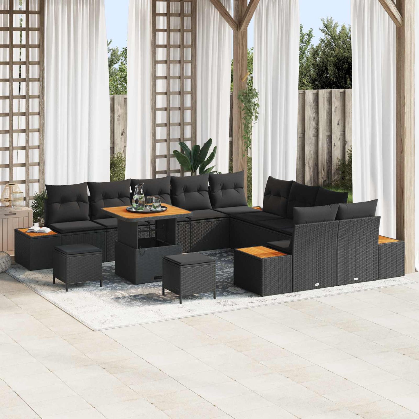 Havesofa Sæt 13 pcs Sort Poly Rattan og Pulverlakeret Stål