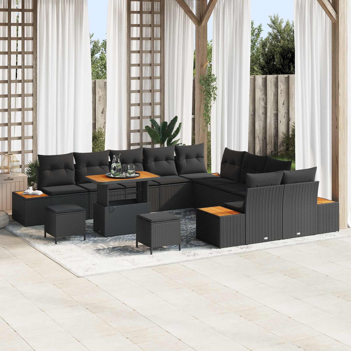 Havesofa Sæt 13 pcs Sort Poly Rattan og Pulverlakeret Stål