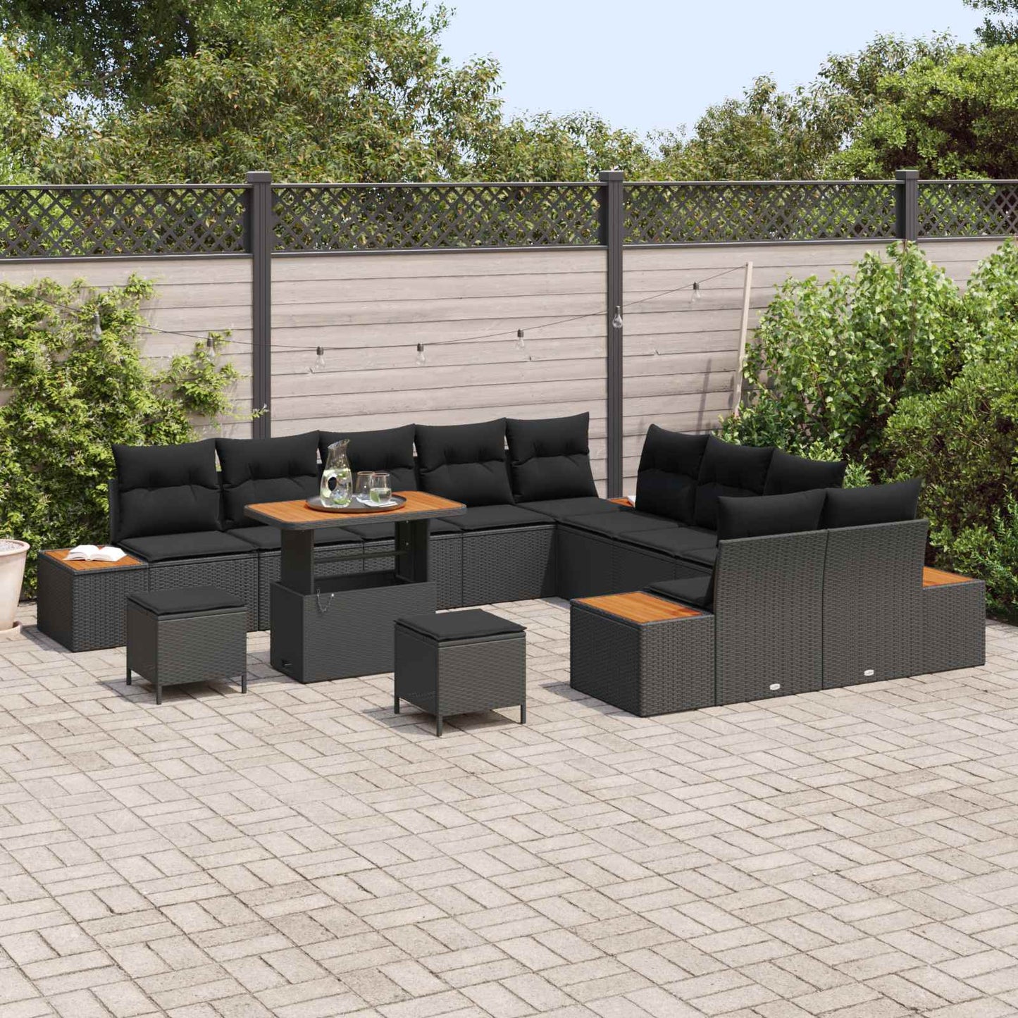Havesofa Sæt 13 pcs Sort Poly Rattan og Pulverlakeret Stål