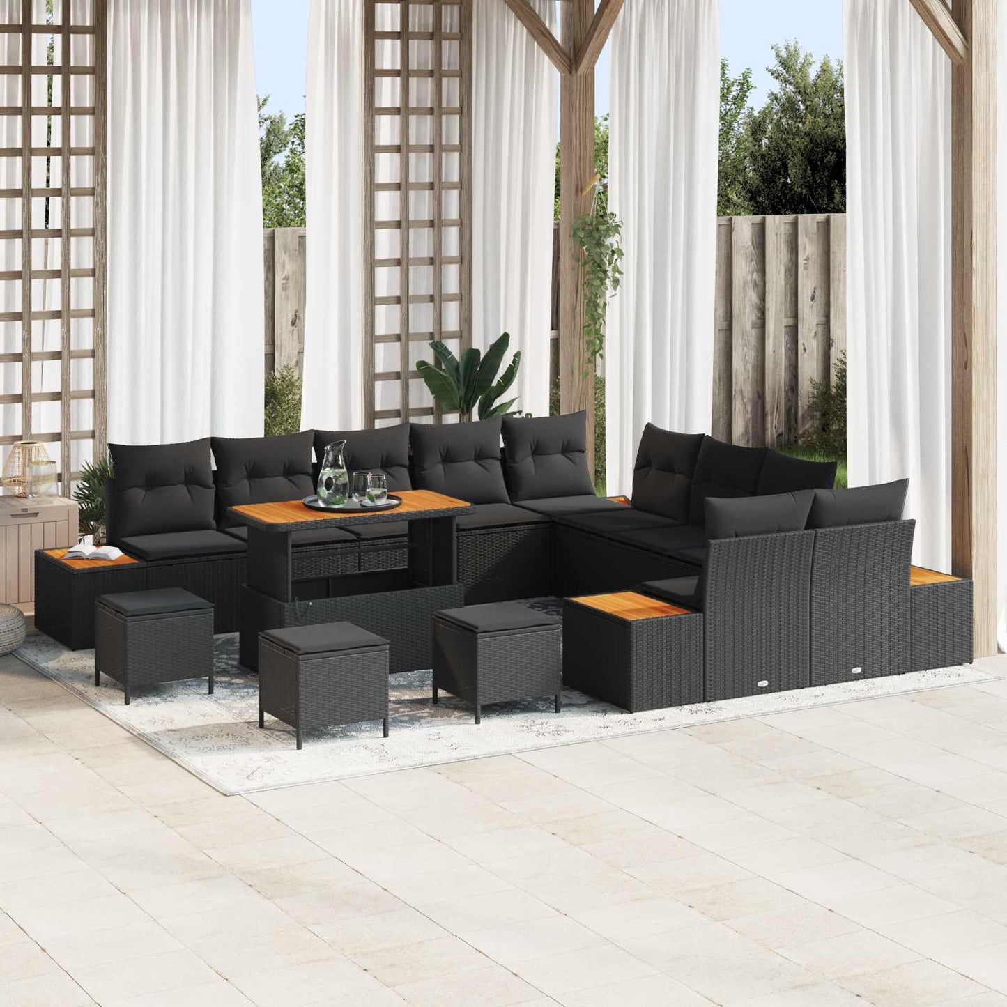 Havesofa Sæt 14 pcs Sort Poly Rattan og Pulverlakeret Stål