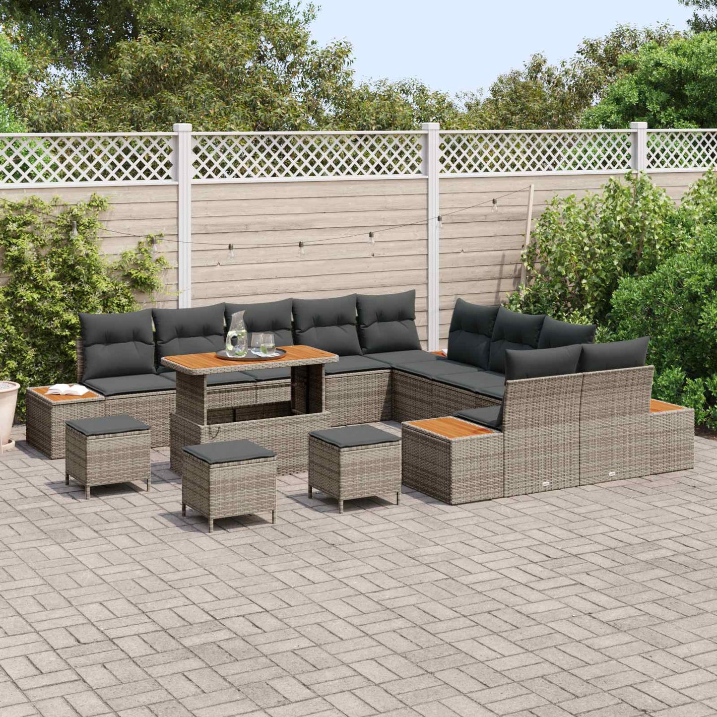 Havesofa Sæt 14 pcs Grå Poly Rattan og Pulverlakeret Stål