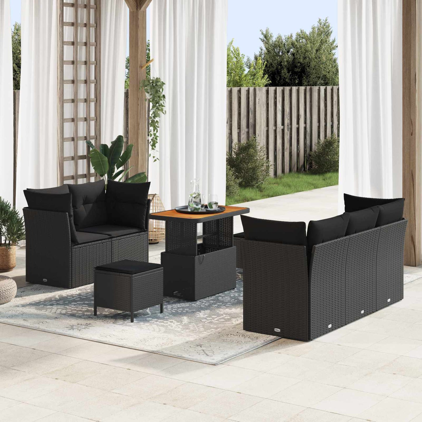 Havesofa Sæt 8 pcs Sort Poly rattan og pulverlakeret stål
