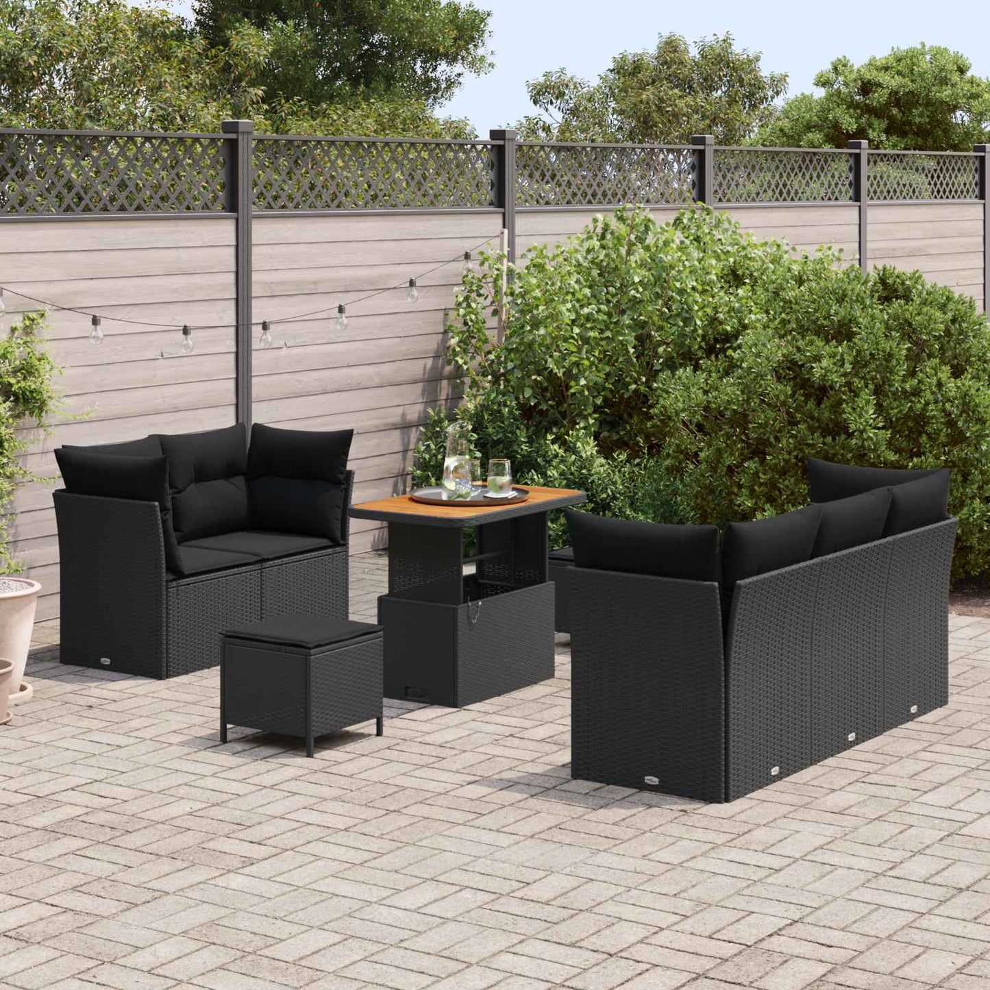 Havesofa Sæt 8 pcs Sort Poly rattan og pulverlakeret stål