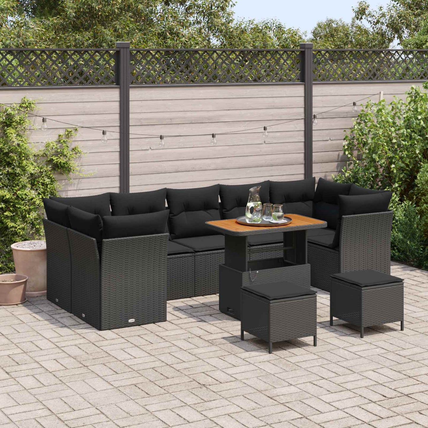 Havesofa Sæt 10 pcs Sort Polyrattan og pulverlakeret stål