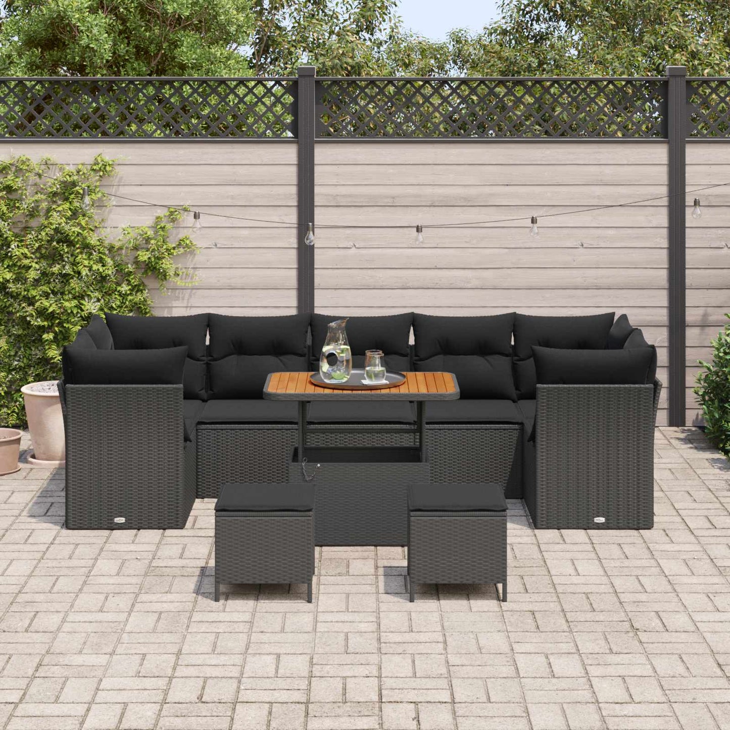 Havesofa Sæt 10 pcs Sort Polyrattan og pulverlakeret stål