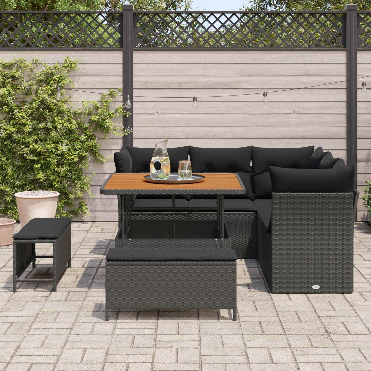 Havesofa Sæt 8 pcs Sort Poly rattan og pulverlakeret stål