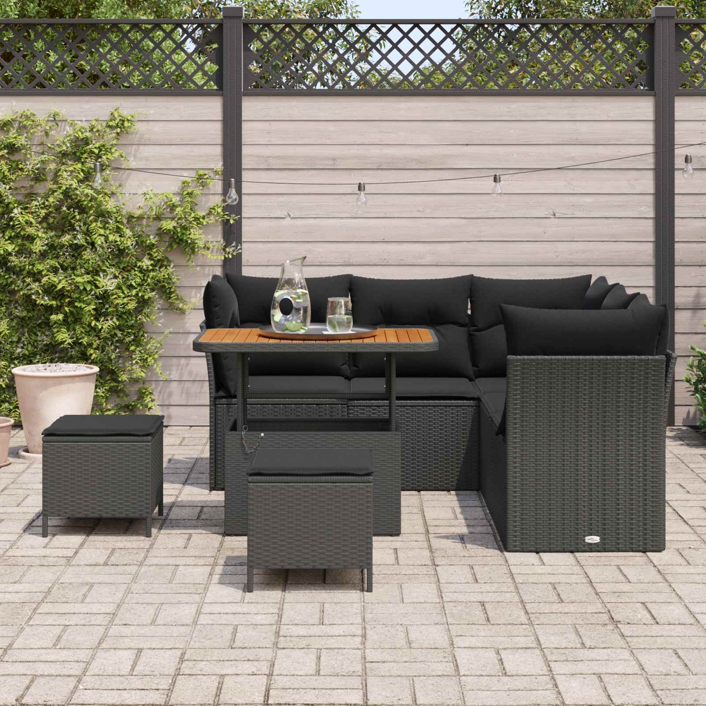 Havesofa Sæt 8 pcs Sort Poly rattan og pulverlakeret stål