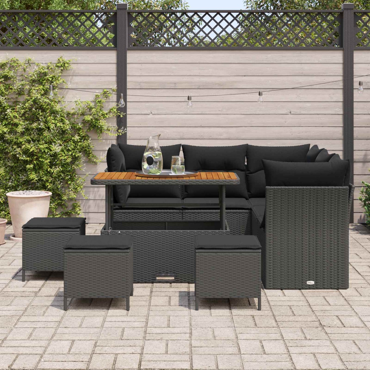 Havesofa Sæt 9 pcs Sort Poly rattan og pulverlakeret stål