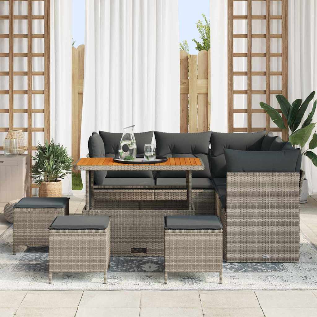 Havesofa Sæt 9 pcs Grå Poly rattan og pulverlakeret stål