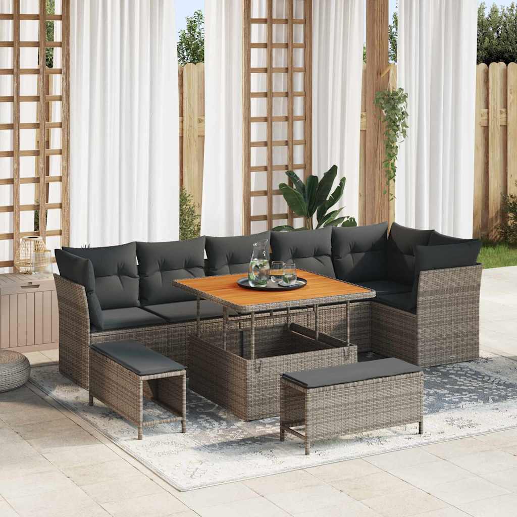 Havesofa Sæt 9 pcs Grå Poly rattan og pulverlakeret stål