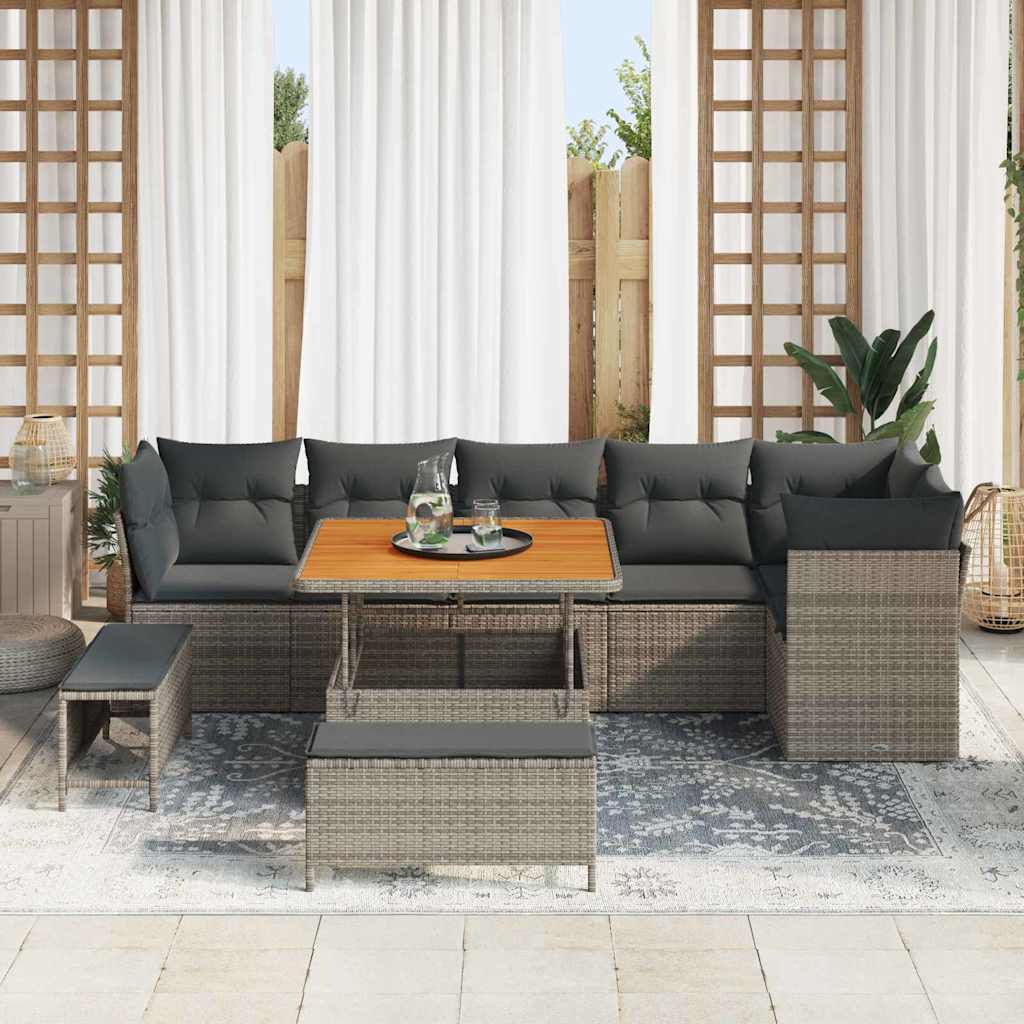 Havesofa Sæt 9 pcs Grå Poly rattan og pulverlakeret stål
