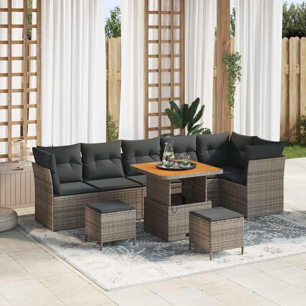 Havesofa Sæt 9 pcs Grå Poly rattan og pulverlakeret stål