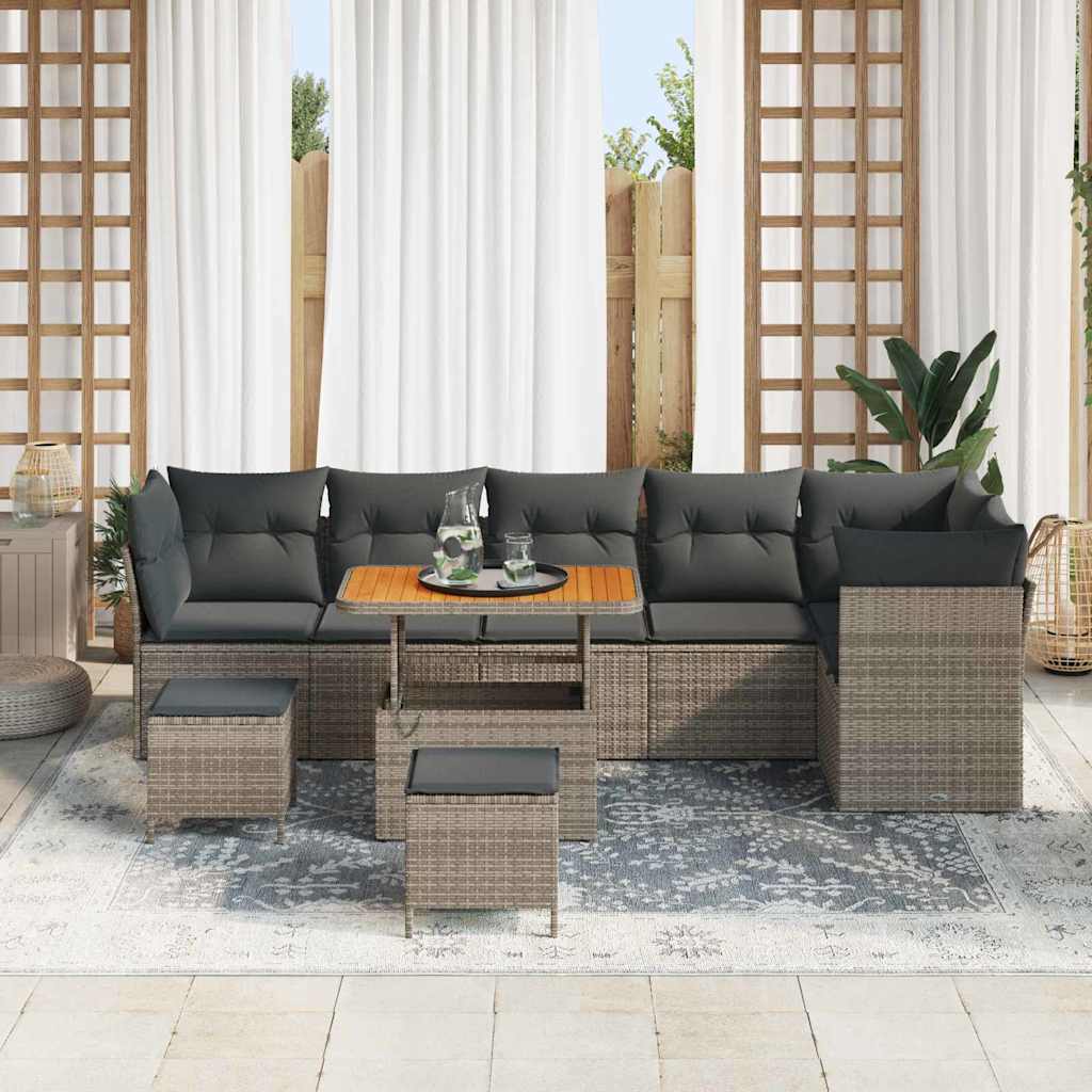 Havesofa Sæt 9 pcs Grå Poly rattan og pulverlakeret stål