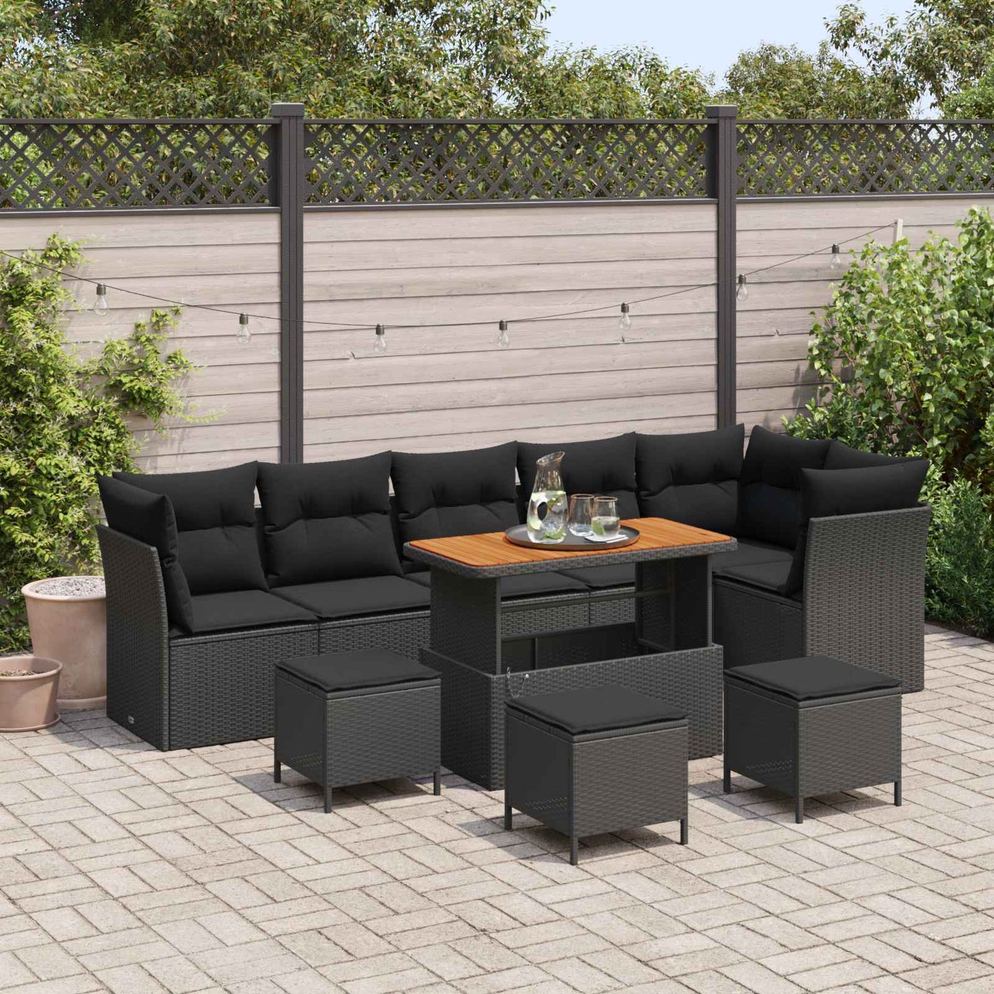 Havesofa Sæt 10 pcs Sort Poly rattan og pulverlakeret stål