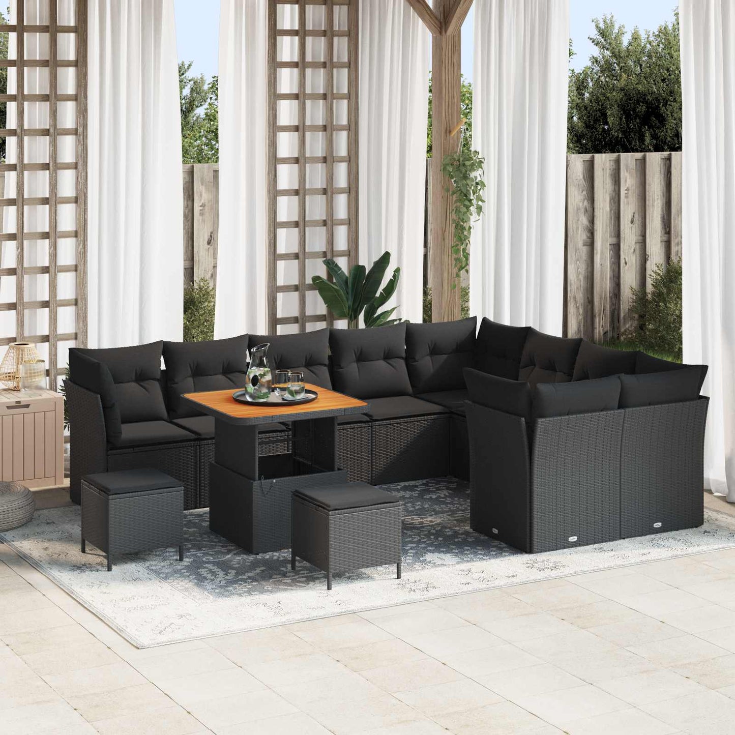 Havesofa Sæt 12 pcs Sort Polyrattan og pulverlakeret stål
