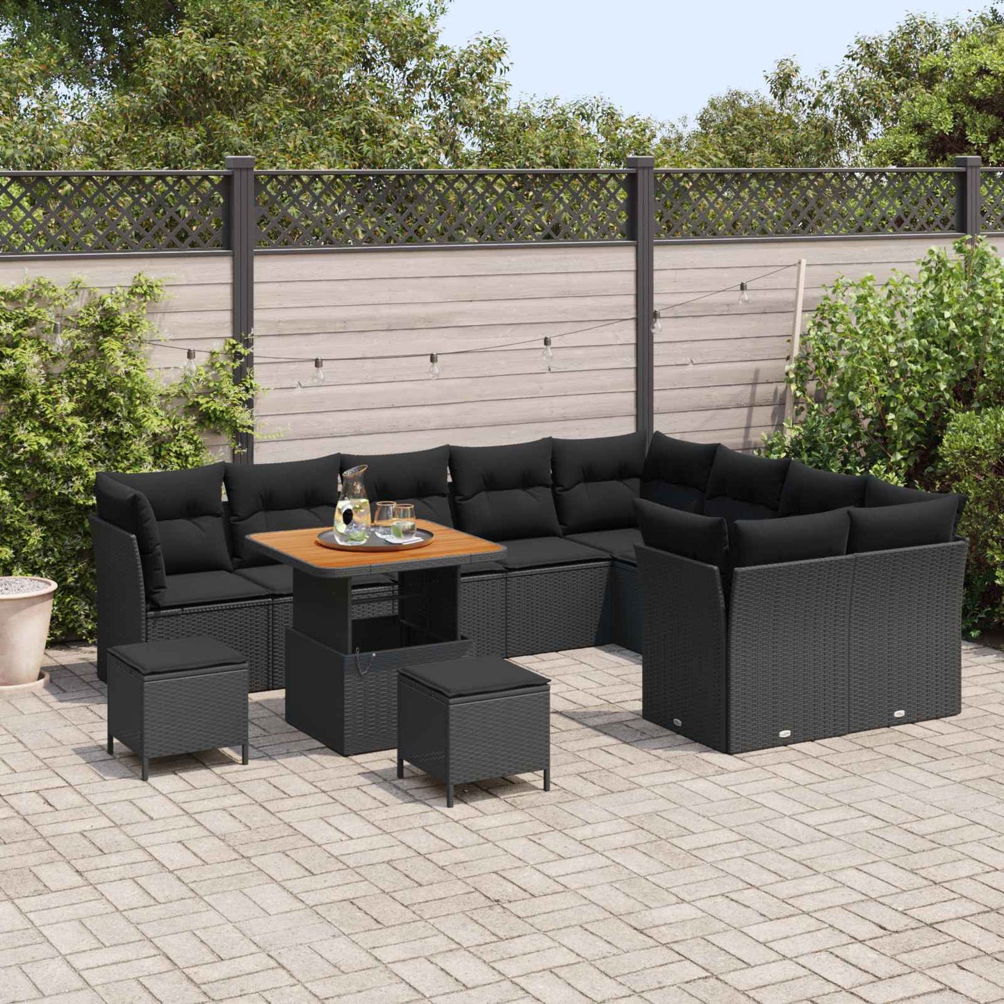 Havesofa Sæt 12 pcs Sort Polyrattan og pulverlakeret stål