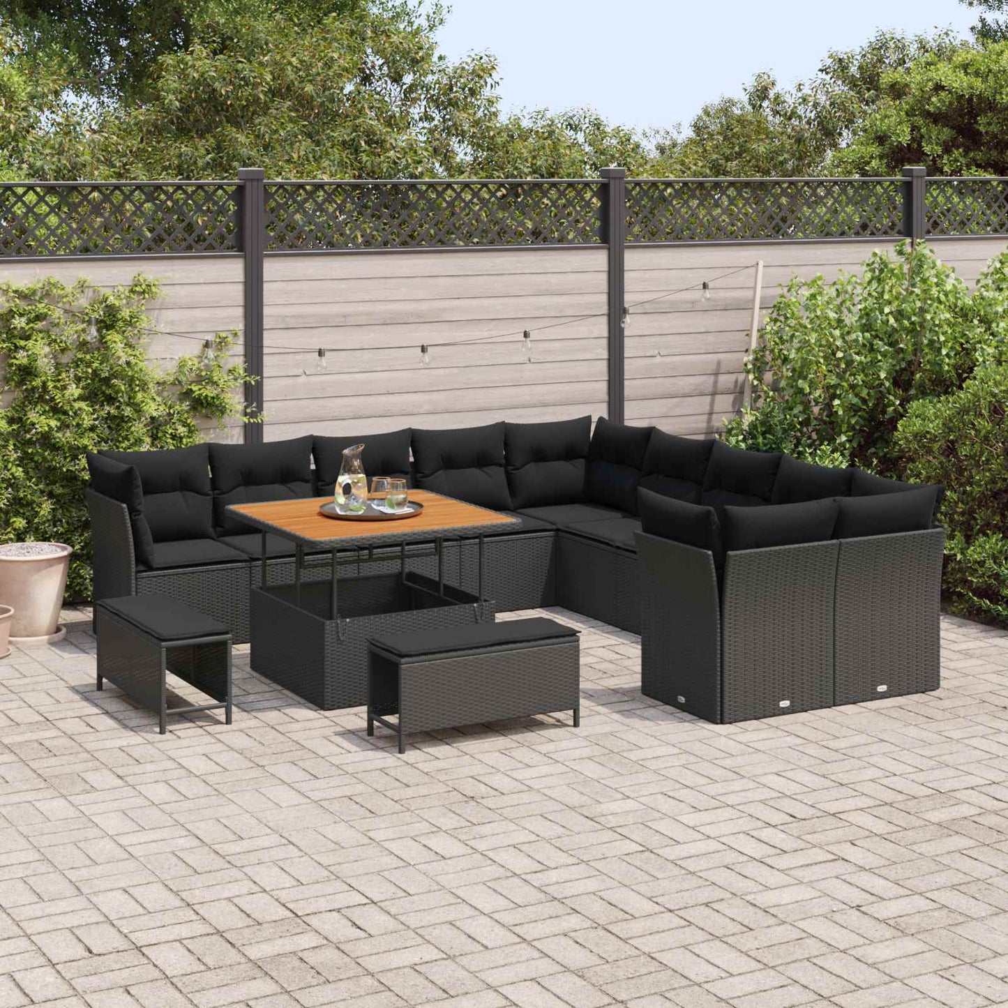 Havesofa Sæt med pude 13 pcs Sort polyrattan