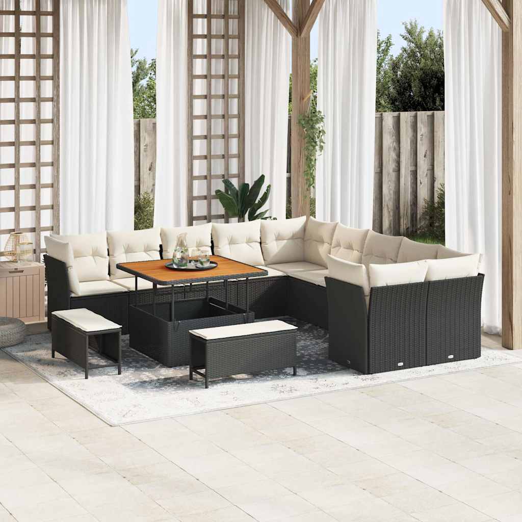 Havesofa Sæt med pude 13 pcs Sort og Cream polyrattan