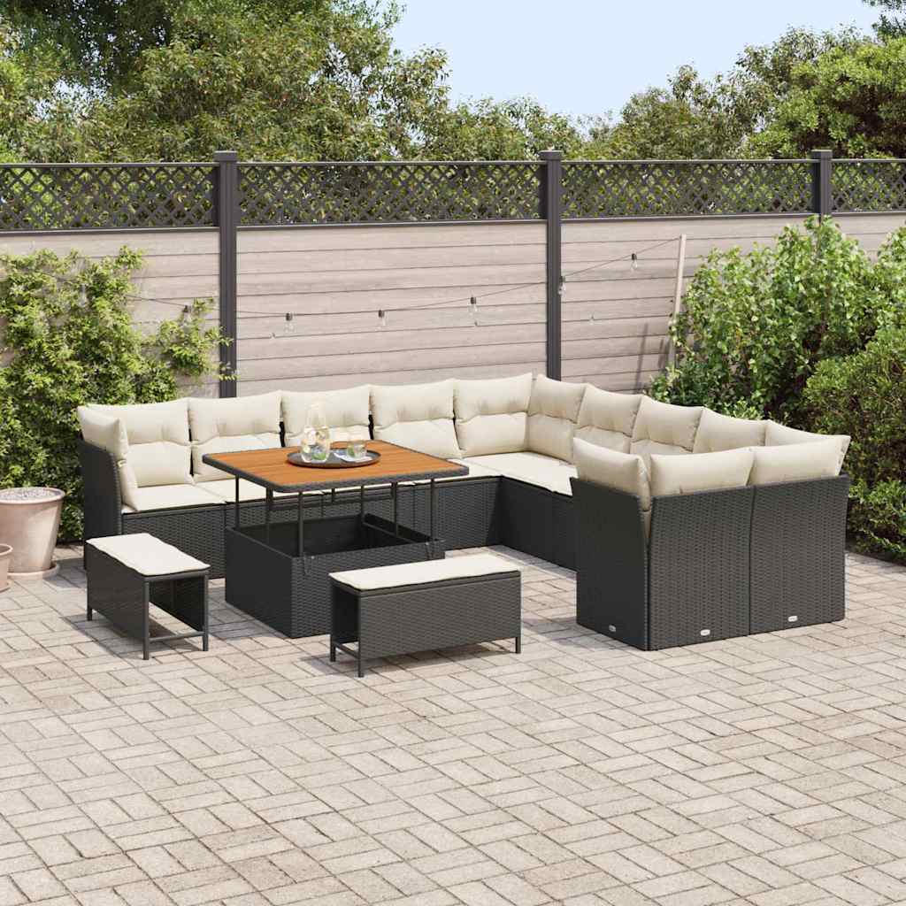 Havesofa Sæt med pude 13 pcs Sort og Cream polyrattan