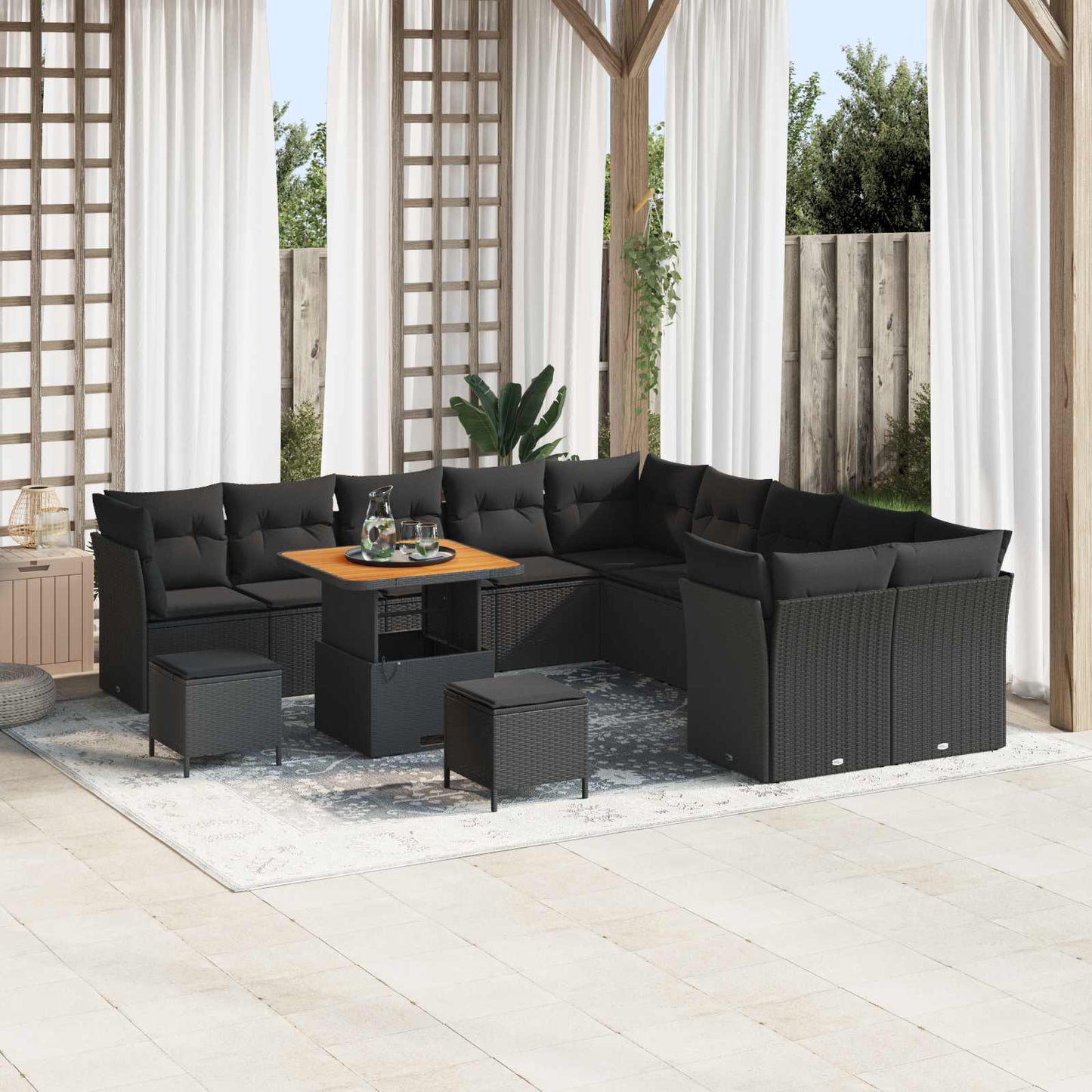 Havesofa Sæt med pude 13 pcs Sort polyrattan