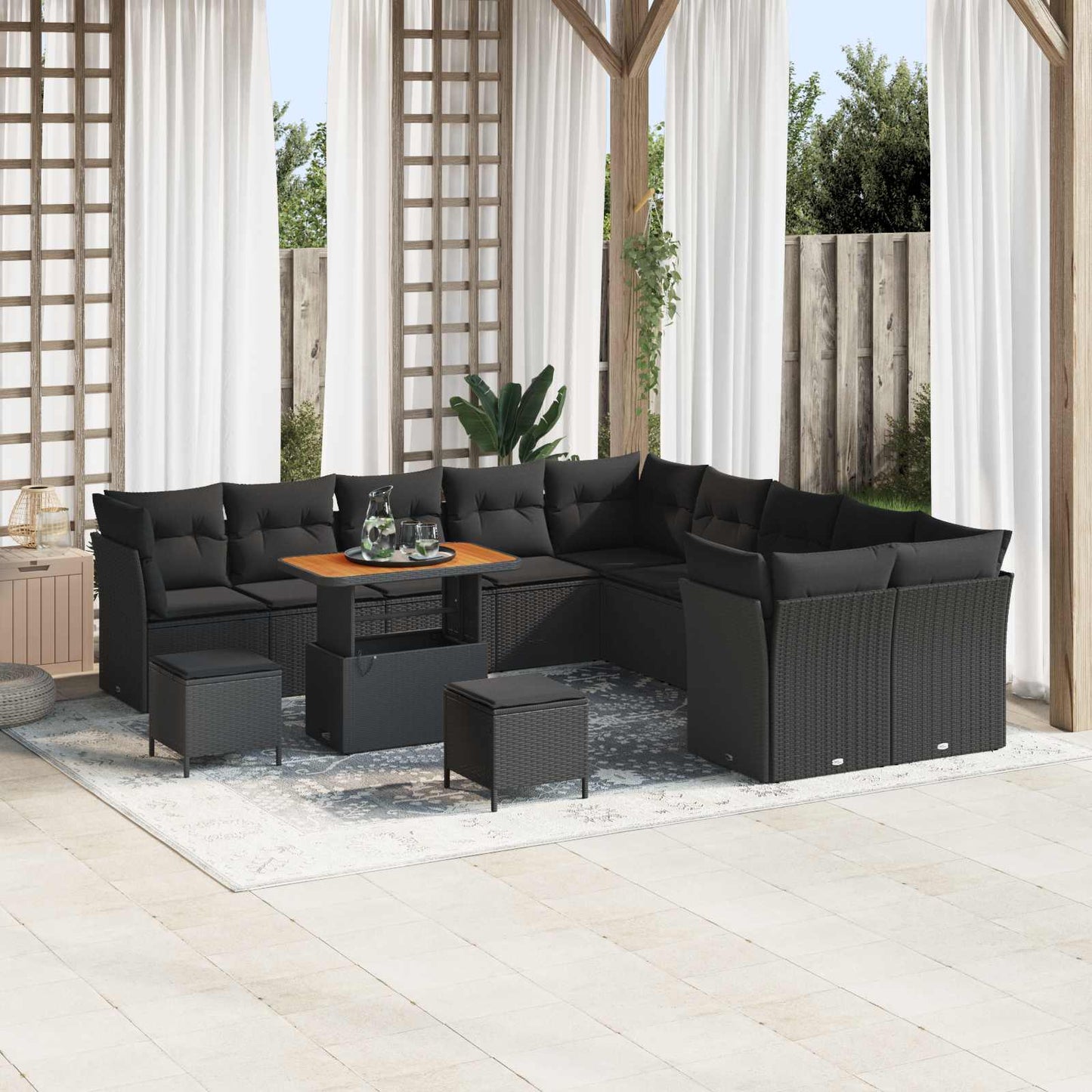 Havesofa Sæt 13 pcs Sort Polyrattan og pulverlakeret stål