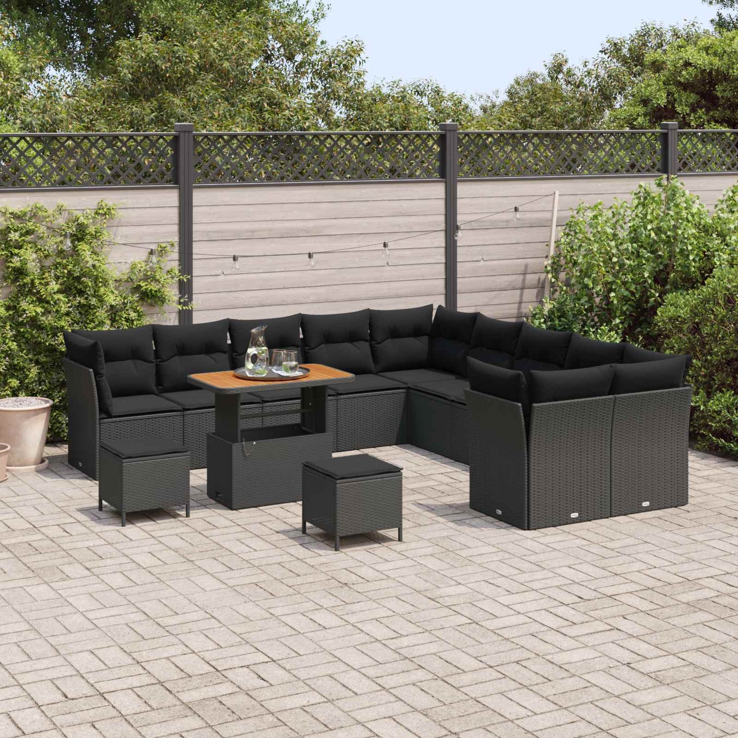 Havesofa Sæt 13 pcs Sort Polyrattan og pulverlakeret stål