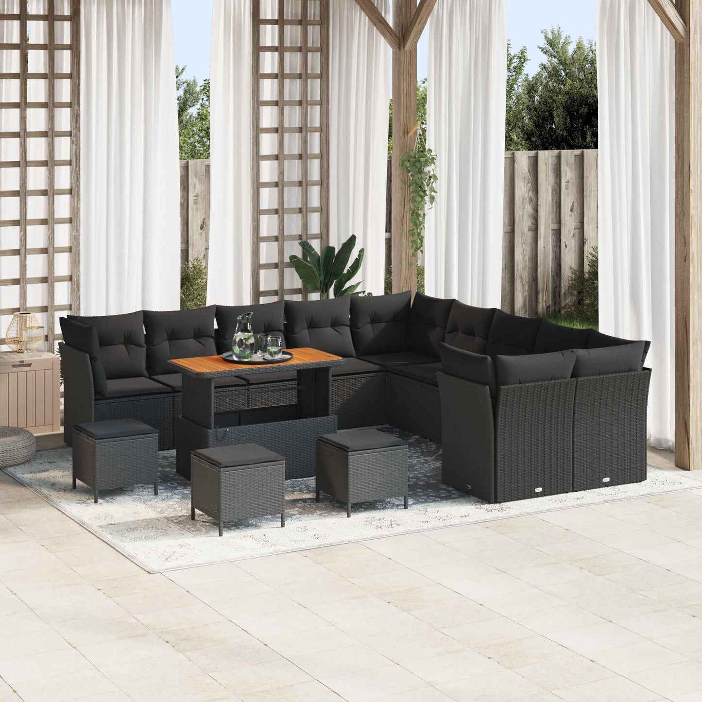 Havesofa Sæt med pude 14 pcs Sort polyrattan