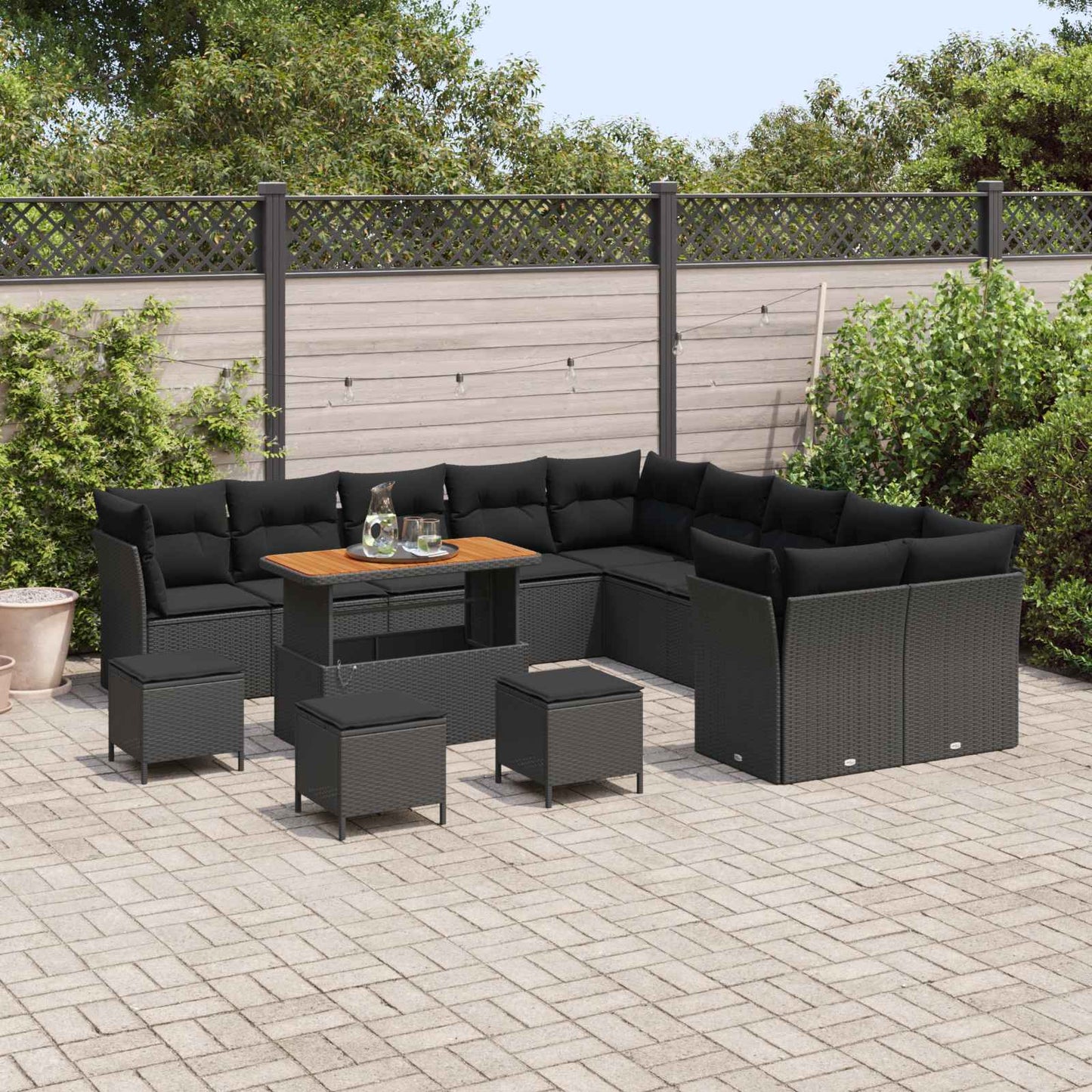 Havesofa Sæt med pude 14 pcs Sort polyrattan