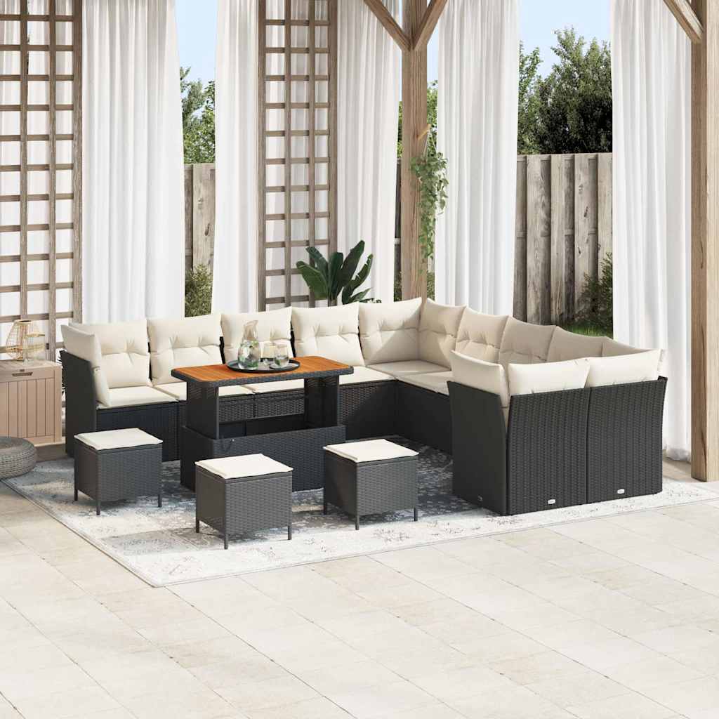 Havesofa Sæt med pude 14 pcs Sort og Cream polyrattan