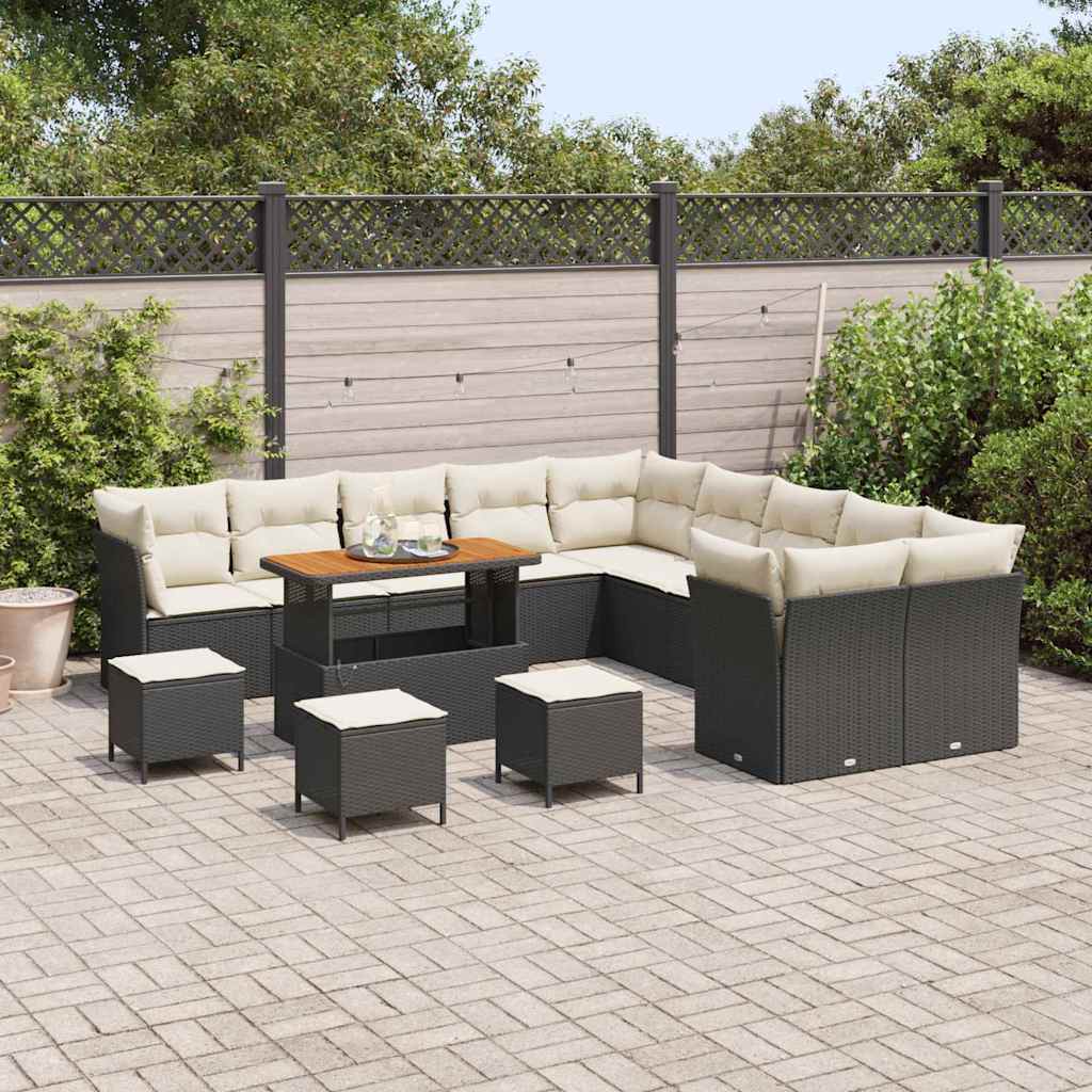 Havesofa Sæt med pude 14 pcs Sort og Cream polyrattan