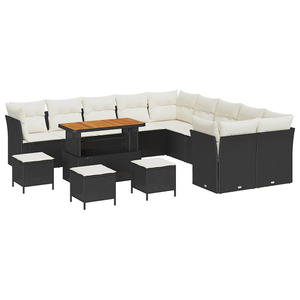 Havesofa Sæt med pude 14 pcs Sort og Cream polyrattan