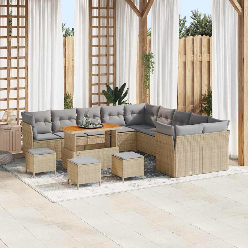 Havesofa Sæt med pude 14 pcs Beige og lys grå polyrattan