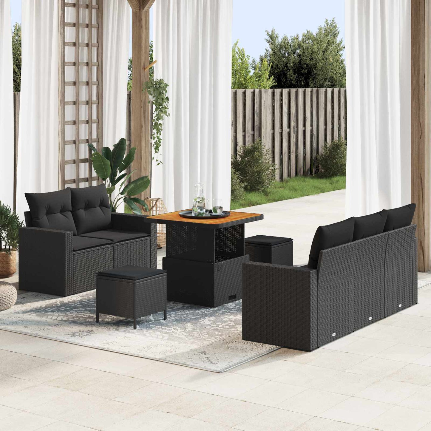 Havesofa Sæt med pude 8 pcs Sort polyrattan