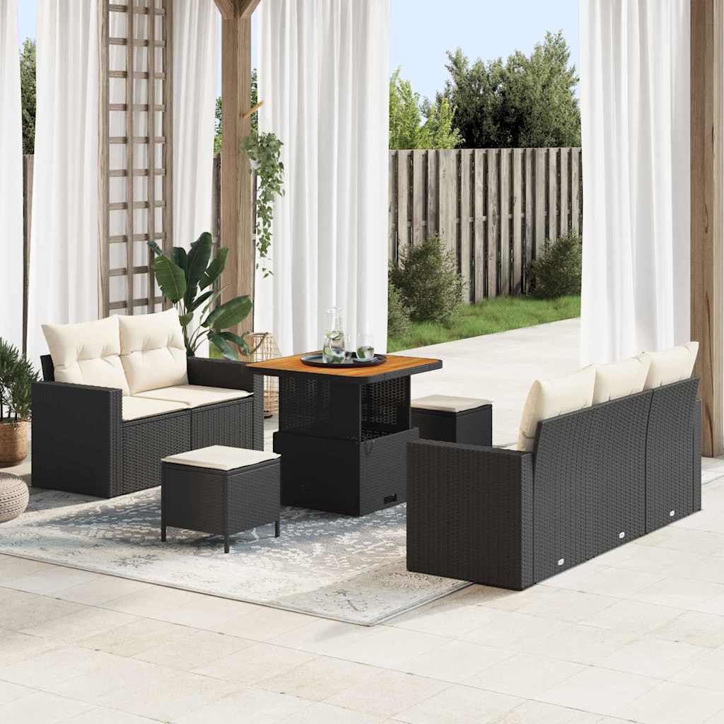 Havesofa Sæt med pude 8 pcs Sort og Cream polyrattan
