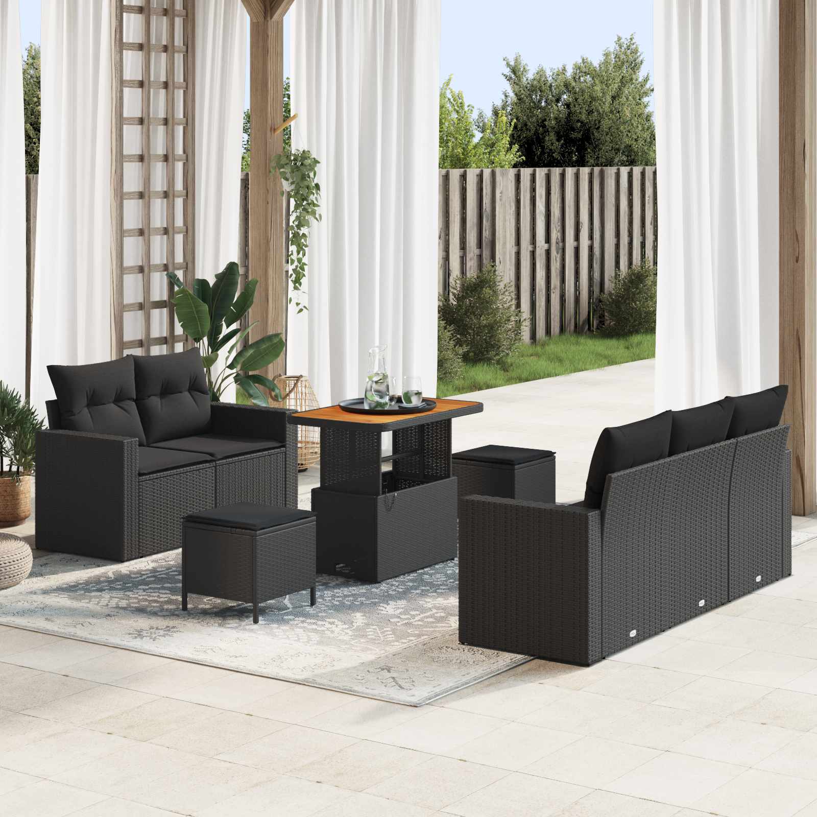 Havesofa sæt med puder - 8 dele i sort polyrattan