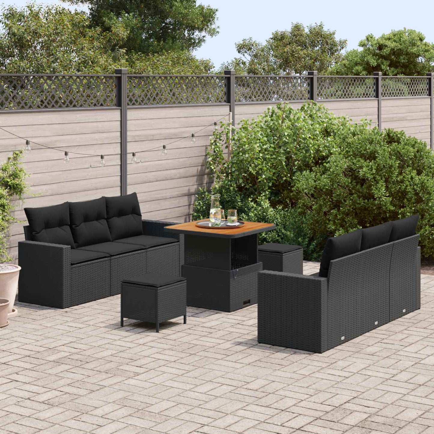 Havesofa Sæt 9 pcs Sort Polyrattan og pulverlakeret stål