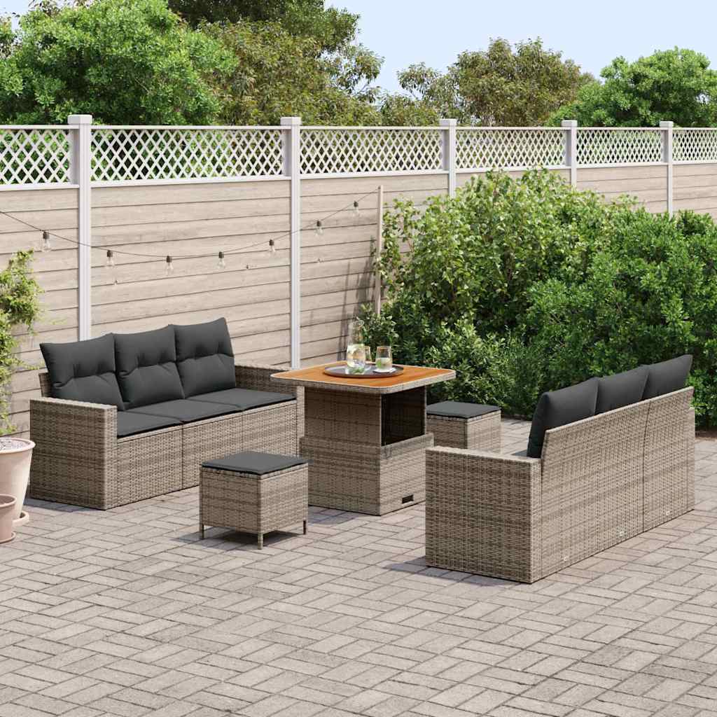 Havesofa Sæt 9 pcs Grå Polyrattan og pulverlakeret stål