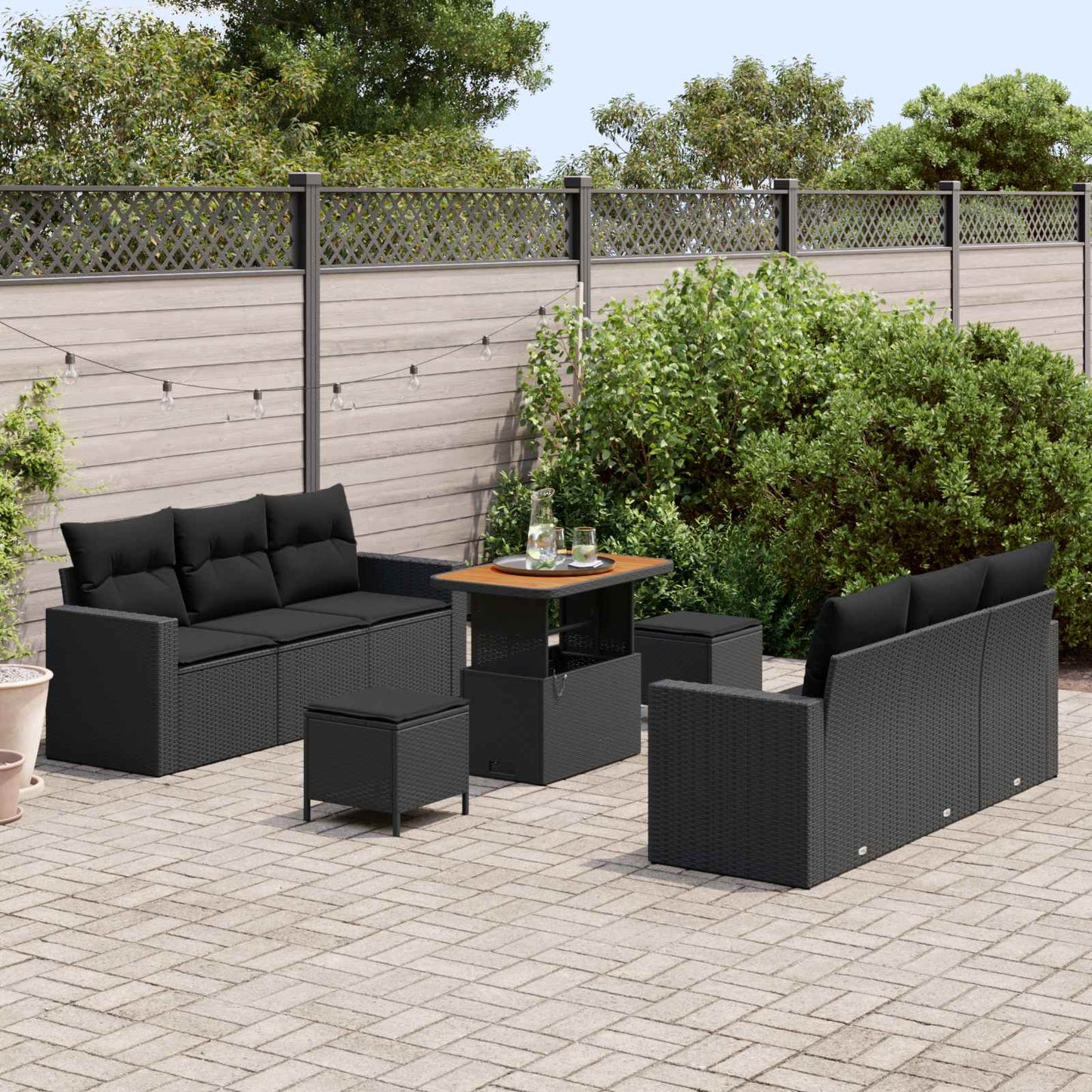 Havesofa Sæt 9 pcs Sort Polyrattan og pulverlakeret stål