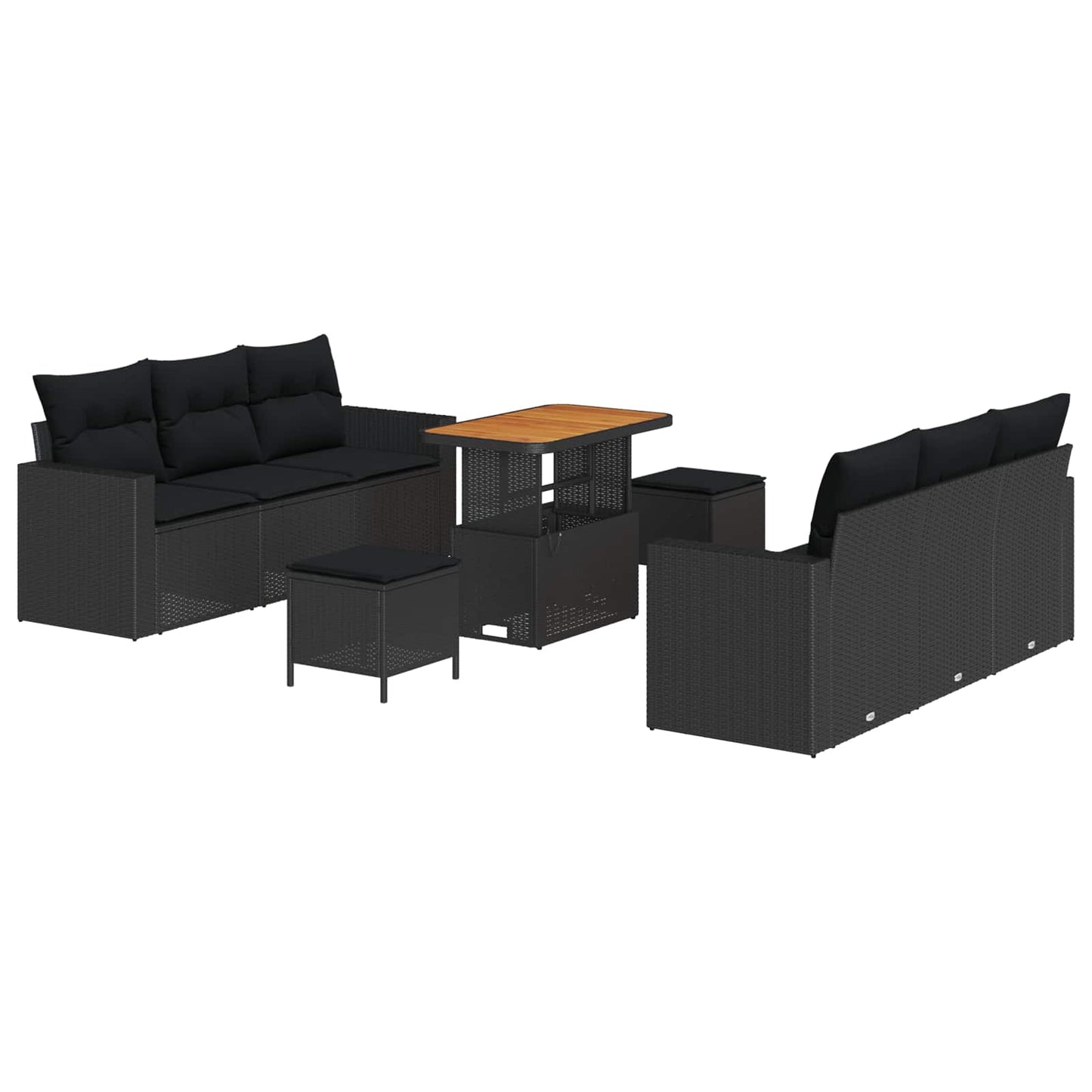 Havesofa Sæt 9 pcs Sort Polyrattan og pulverlakeret stål